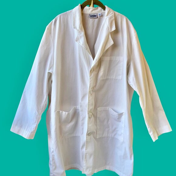 Landau White Lab Coat Notch Collar Button Front 3 Pockets HAND HOLE mens large - Picture 2 of 11